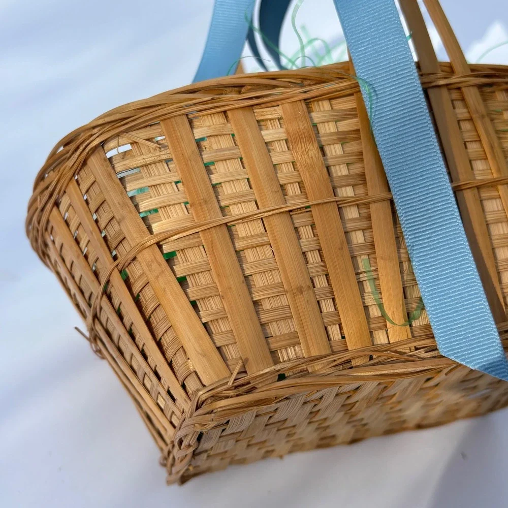Woven Bamboo Easter Basket Blue Ribbon Bow Pink Flowers Green Grass‎ 10.5in